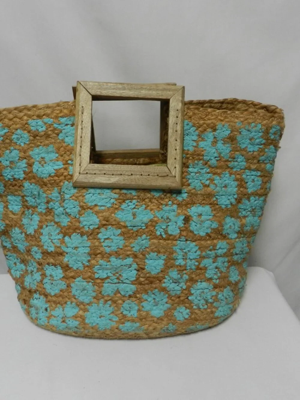 Twig & Arrow Jute large Hand painted tote bag carryall tan turquoise wood Summer - Picture 8 of 13